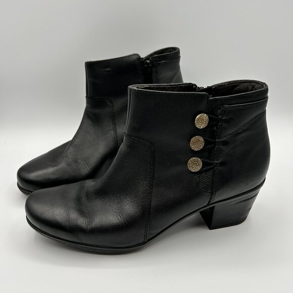 Clarks Collection Boots 9M Black Leather Heeled Ankle Booties Side Zipper - Picture 1 of 13